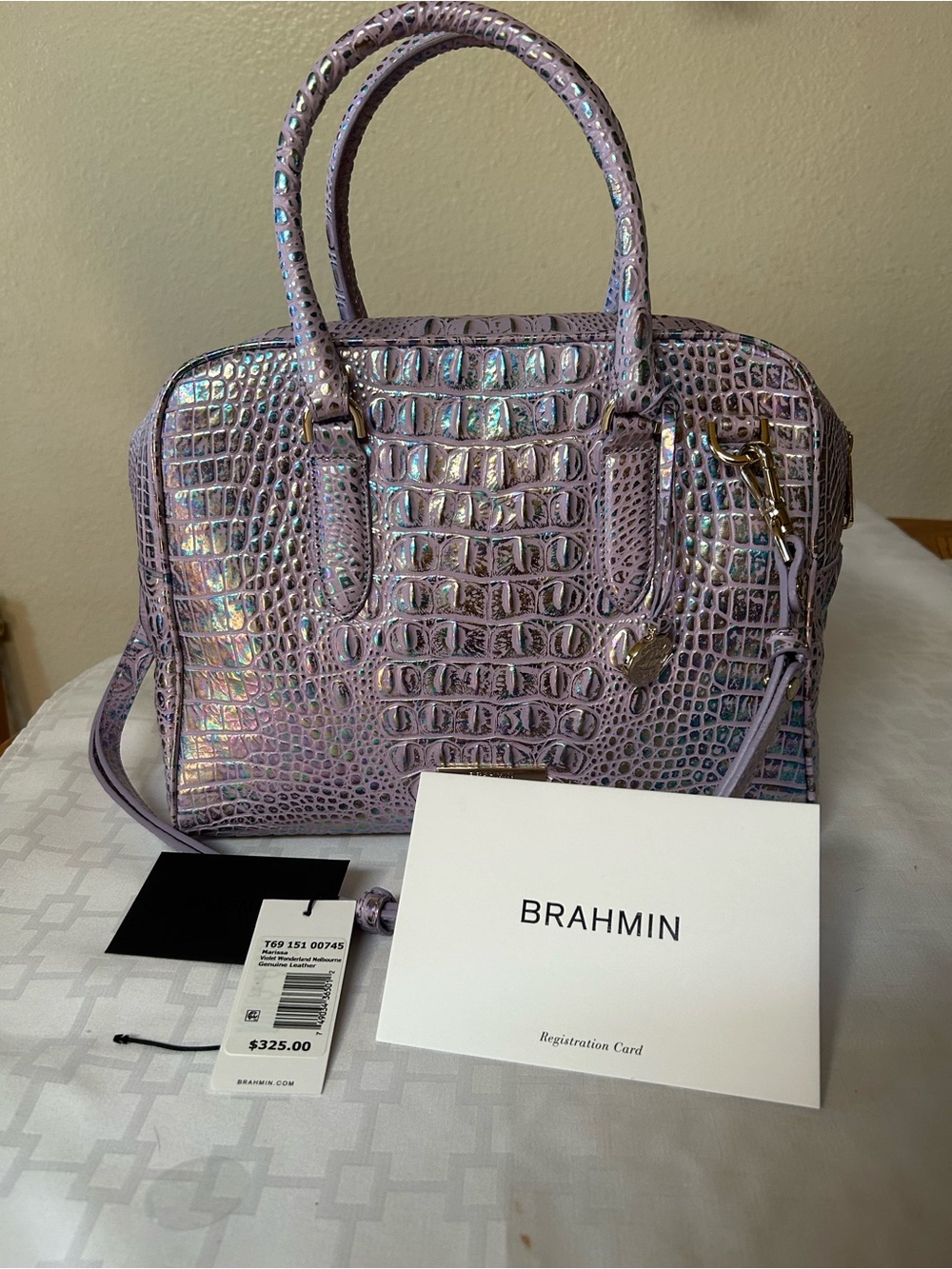 Brahmin Marissa Wonderland Iridescent Violet Croc-Embossed Leather Satchel NWT!